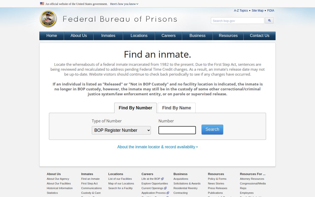 Federal Bureau of Prisons number and name release search for a Jackson County federal case
