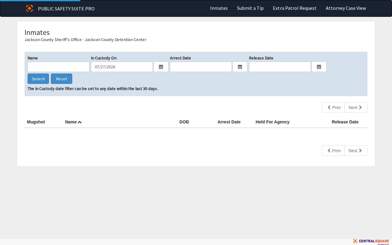 Jackson County release portal Release Date and In Custody On filters