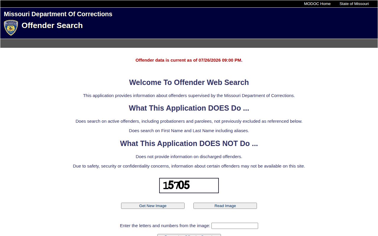 MODOC active offender search limits for Jackson County released inmates